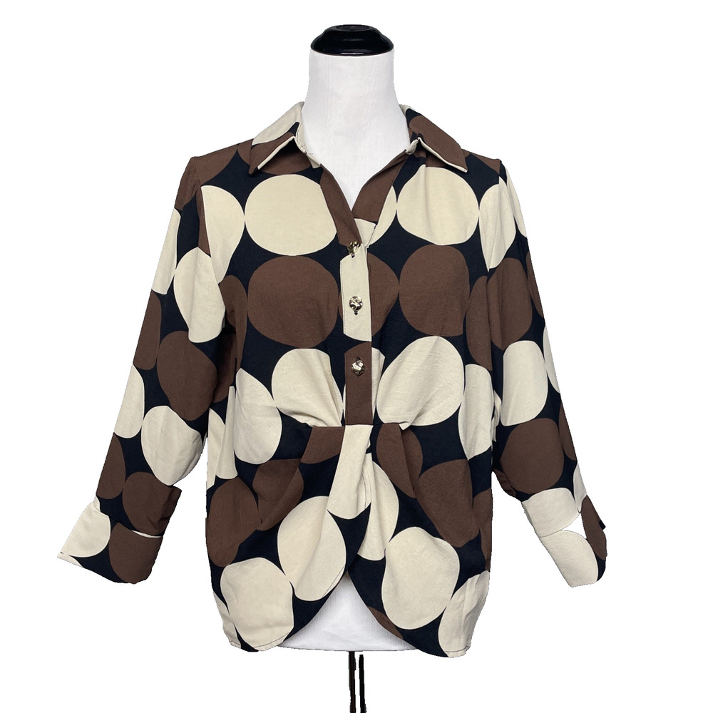 Vtg ABS Allen Schwartz Polka Dot Blouse Medium Brown Cream Twist Front Button Up